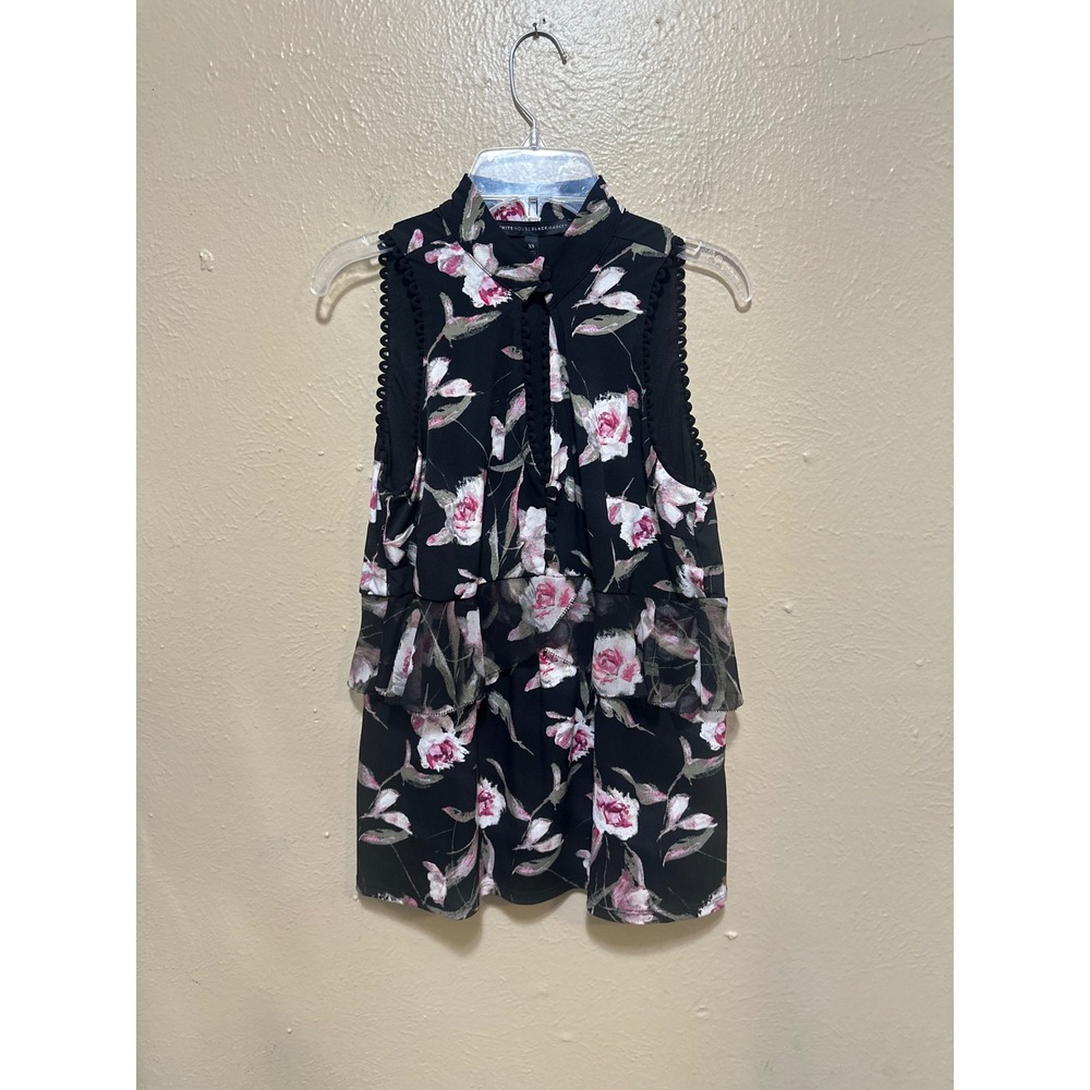 White House Black Market XS Floral Sleeveless‎ Ruffle Trim Blouse Top